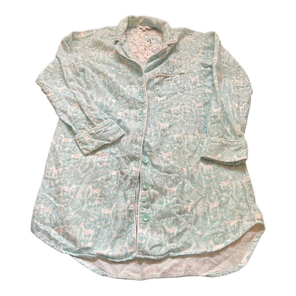 Portuguese Flannel Van Winkle & Co Womens Pajama Top XS Blue Reindeer Nightgown